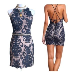 HELLO MOLLY | Black and Beige Nude Lace Low Back Mini Dress | 12 - AU (XS - USA)